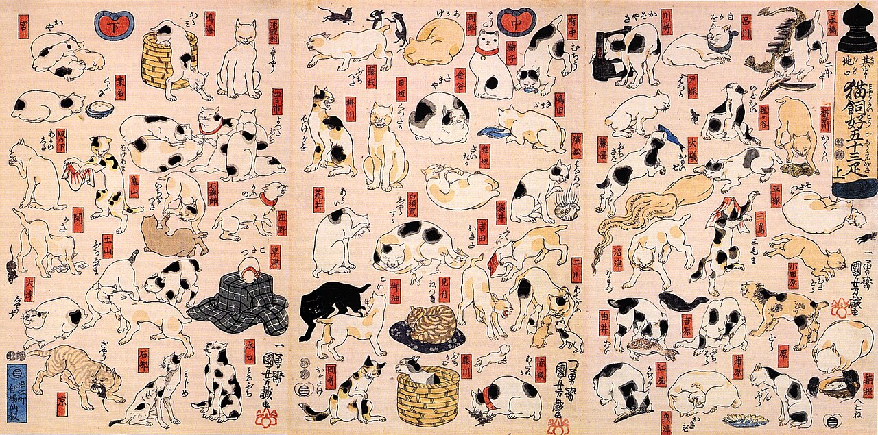 Utagawa Kuniyoshi's woodblock print substituting cats for the fifty-three stations of the Tokaido road