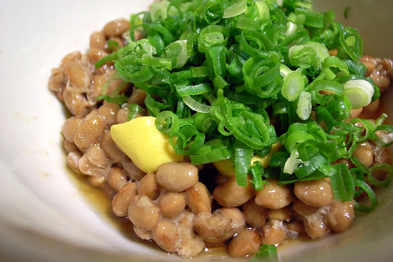 Natto served with welsh onion and karashi mustard