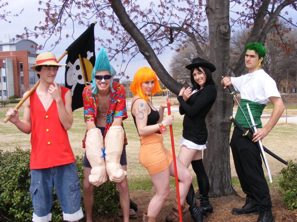 Fans dressed as the Straw Hat Pirates crew, including Luffy in his straw hat and the Jolly Roger flag