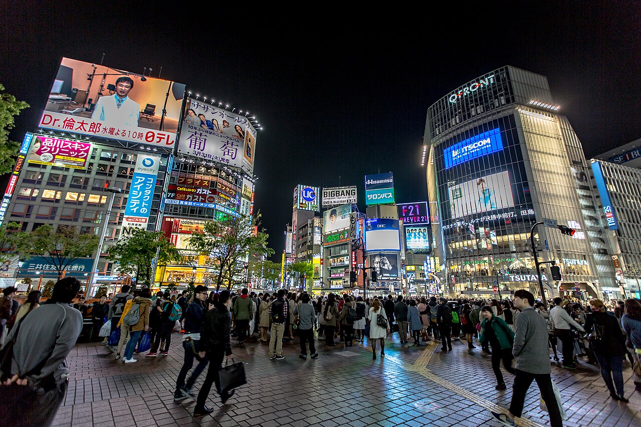 Shibuya district at night, the birthplace of the 渋谷系 music scene