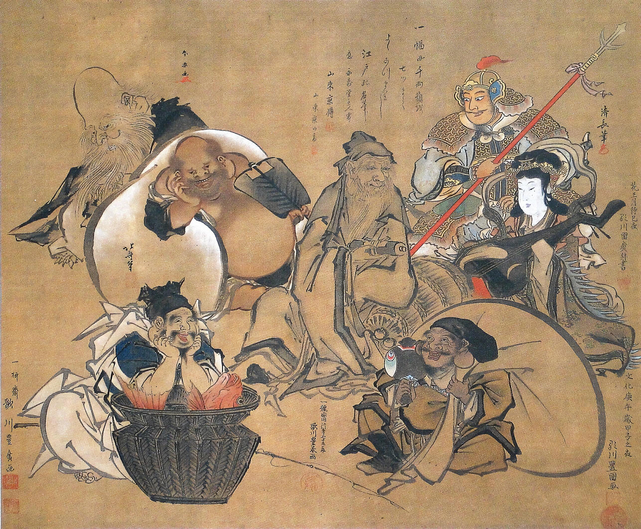 Early 19th-century painting of the Seven Lucky Gods sailing on their treasure ship
