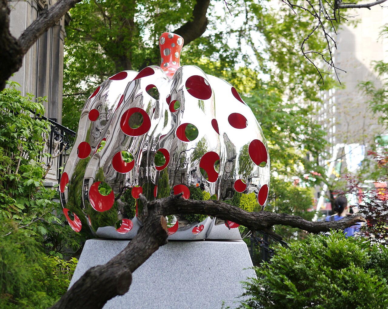 Yayoi Kusama polka-dot pumpkin sculpture on public display in Montreal